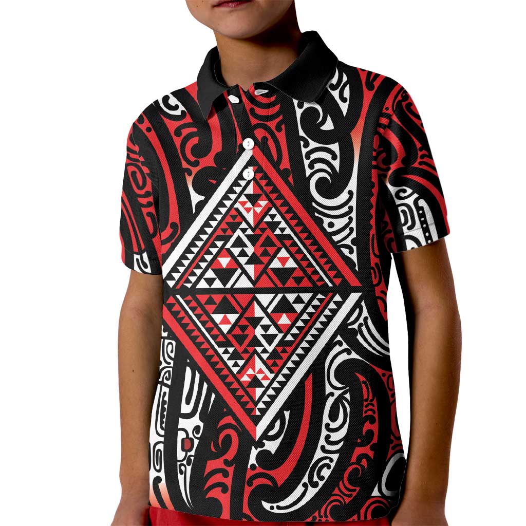 New Zealand Maori Taniko Kid Polo Shirt Red Kowhaiwhai Puhoro LT9 Kid Red - Polynesian Pride