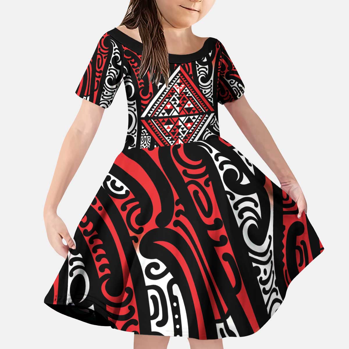New Zealand Maori Taniko Kid Short Sleeve Dress Red Kowhaiwhai Puhoro