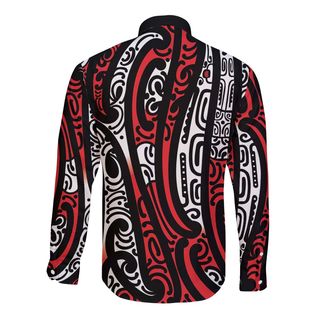 New Zealand Maori Taniko Long Sleeve Button Shirt Red Kowhaiwhai Puhoro LT9 - Polynesian Pride