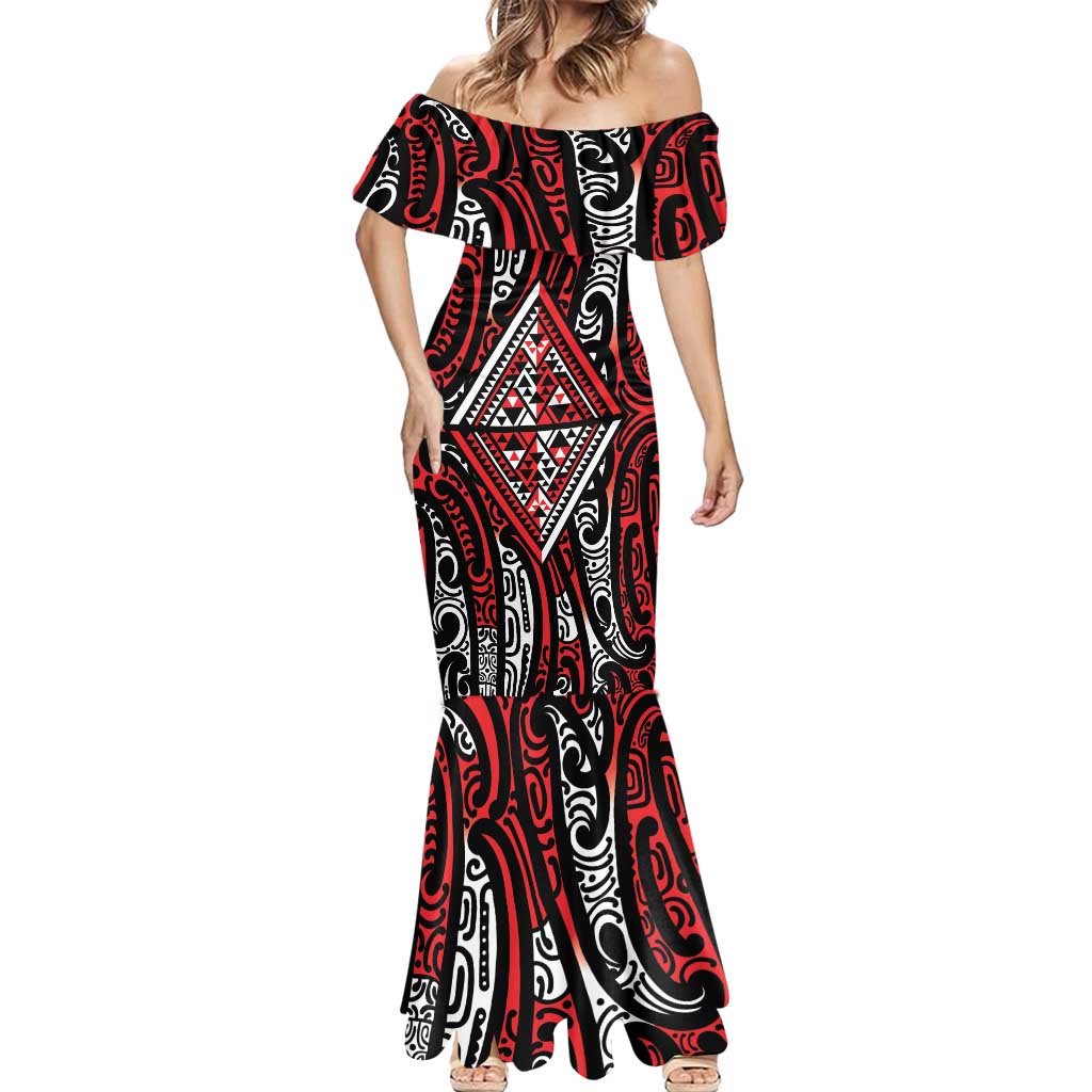 New Zealand Maori Taniko Mermaid Dress Red Kowhaiwhai Puhoro