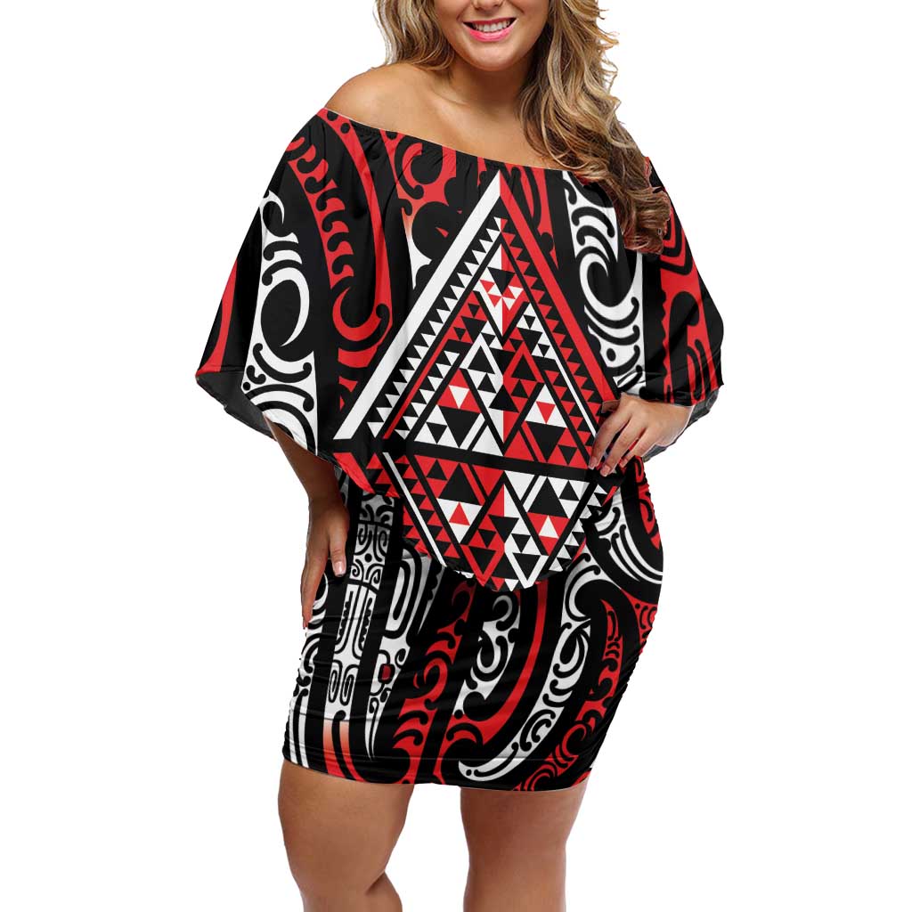 New Zealand Maori Taniko Off Shoulder Short Dress Red Kowhaiwhai Puhoro