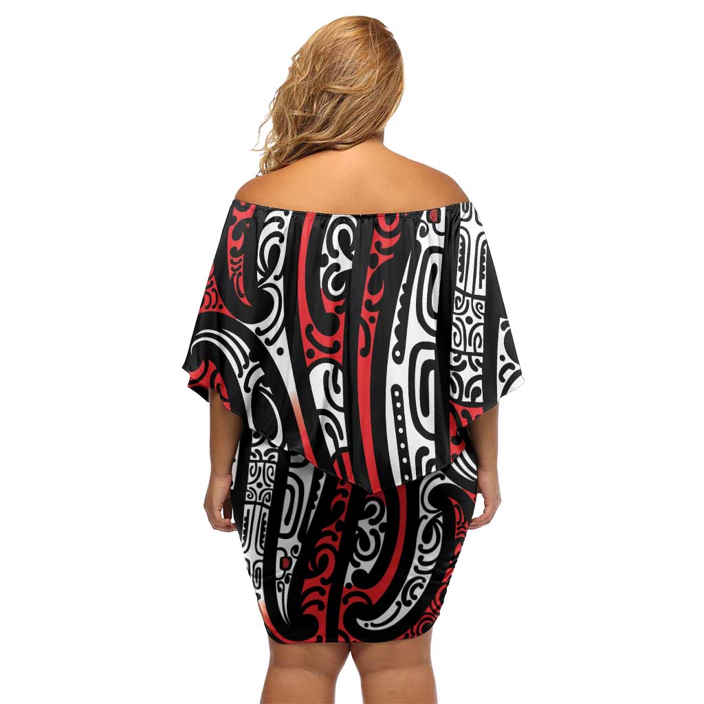 New Zealand Maori Taniko Off Shoulder Short Dress Red Kowhaiwhai Puhoro