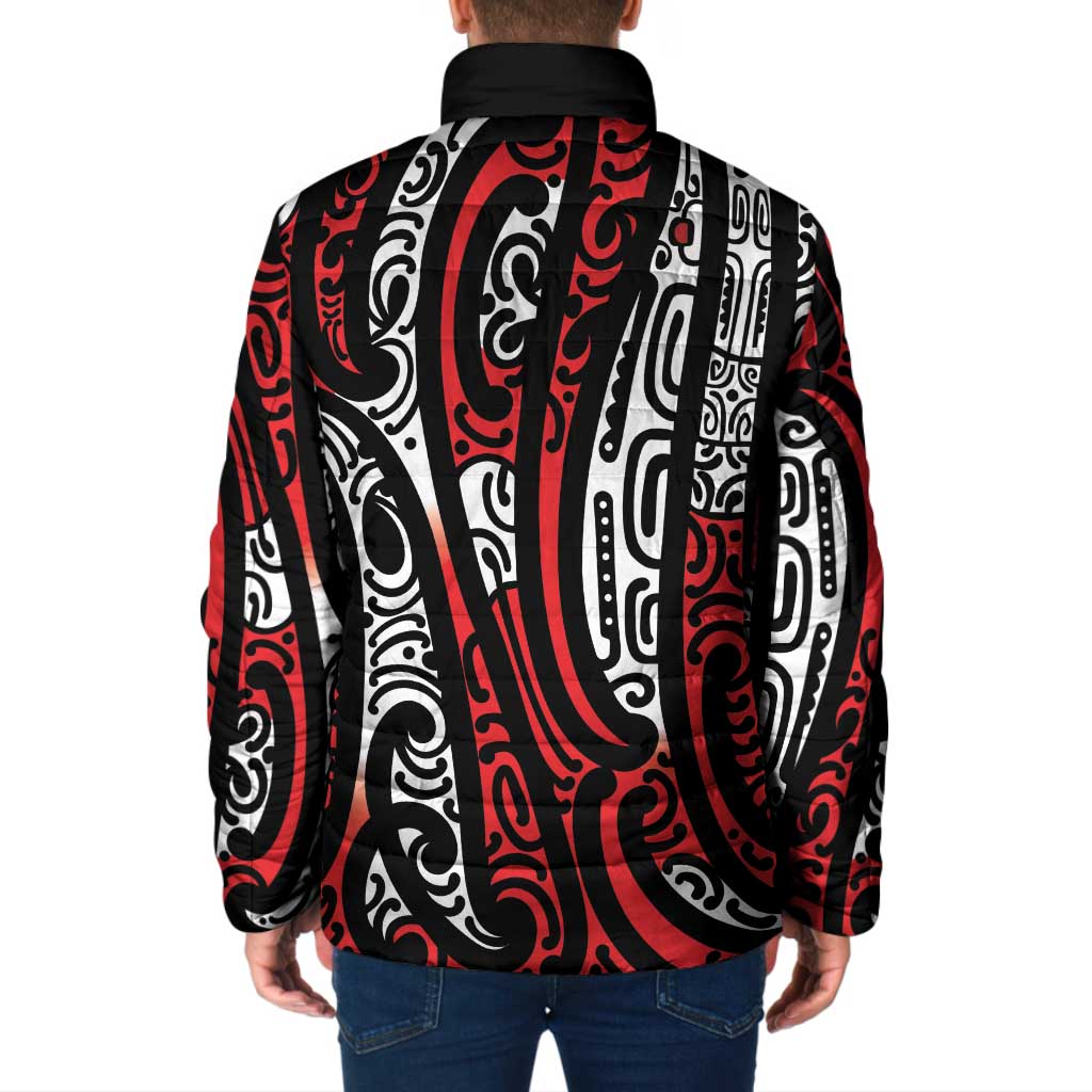 New Zealand Maori Taniko Padded Jacket Red Kowhaiwhai Puhoro - Polynesian Pride