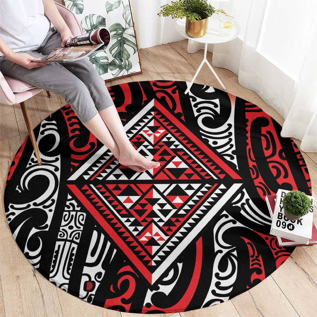 New Zealand Maori Taniko Round Carpet Red Kowhaiwhai Puhoro