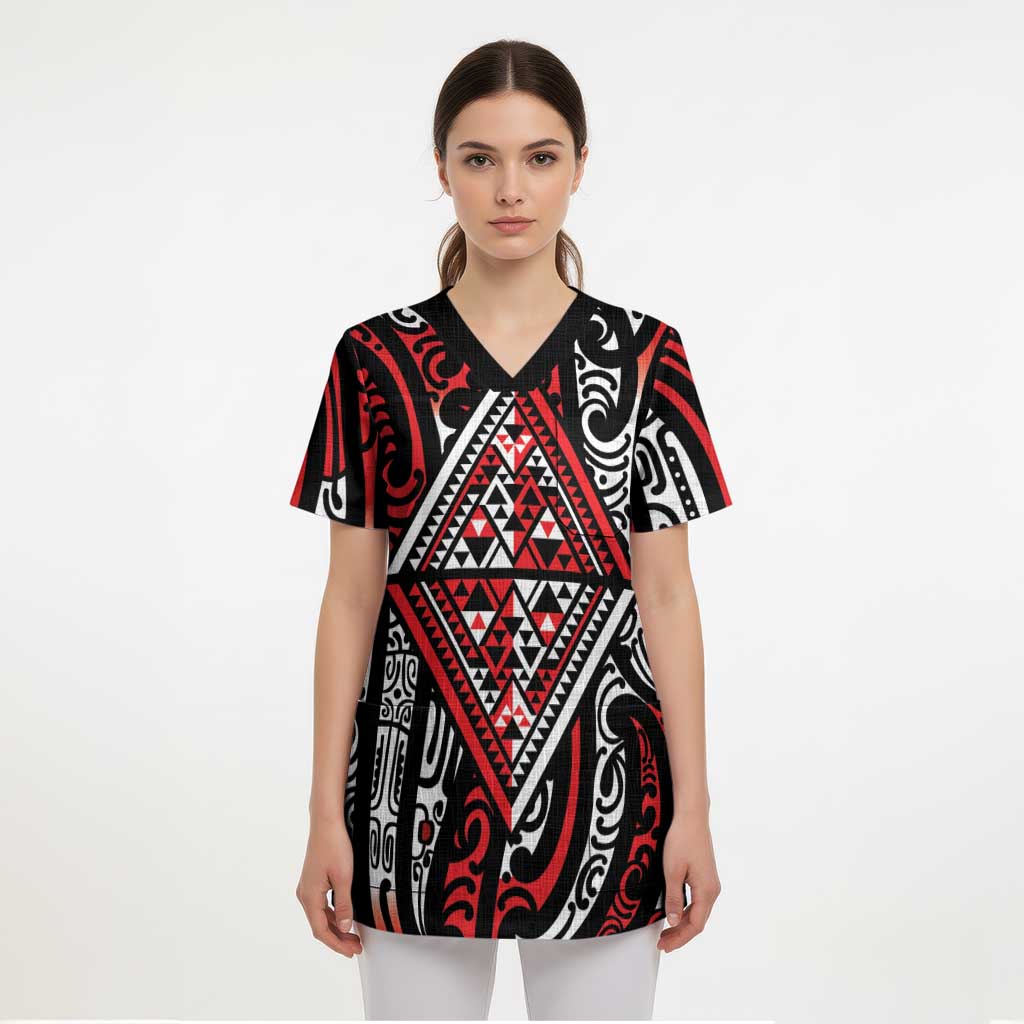 New Zealand Maori Taniko Scrub Top Red Kowhaiwhai Puhoro - Polynesian Pride