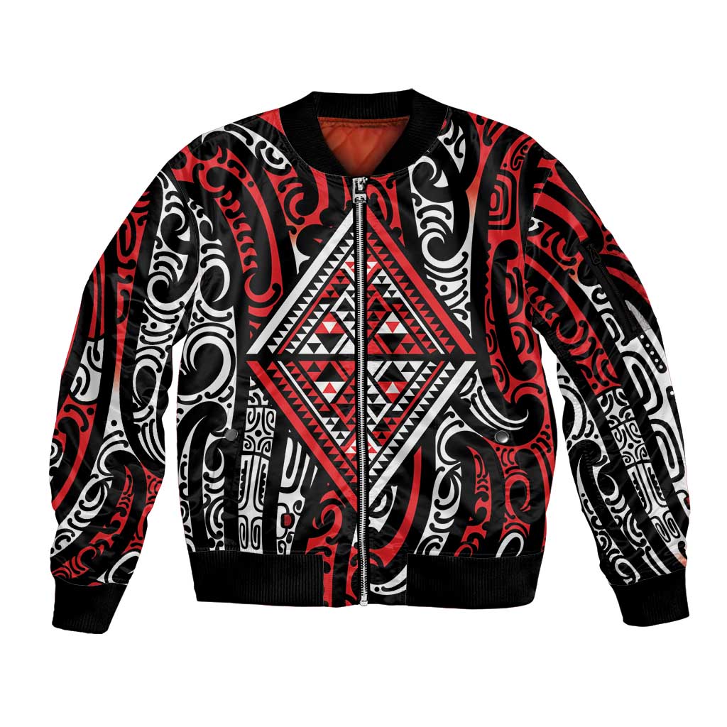 New Zealand Maori Taniko Sleeve Zip Bomber Jacket Red Kowhaiwhai Puhoro