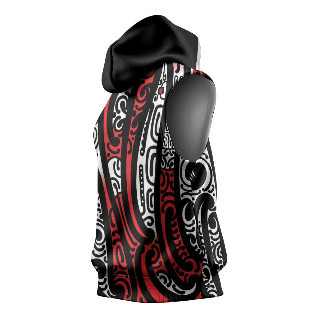 New Zealand Maori Taniko Sleeveless Hoodie Red Kowhaiwhai Puhoro - Polynesian Pride