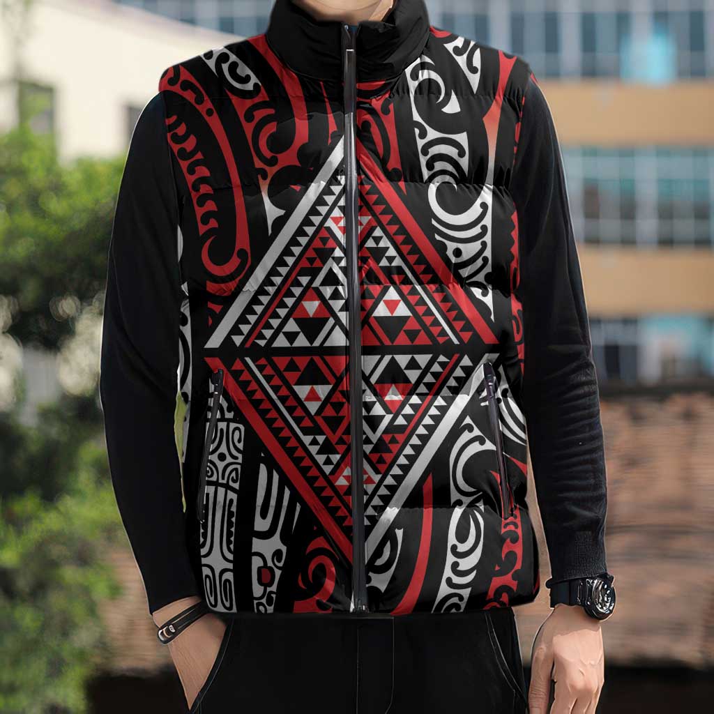 New Zealand Maori Taniko Sleeveless Puffer Jacket Red Kowhaiwhai Puhoro - Polynesian Pride