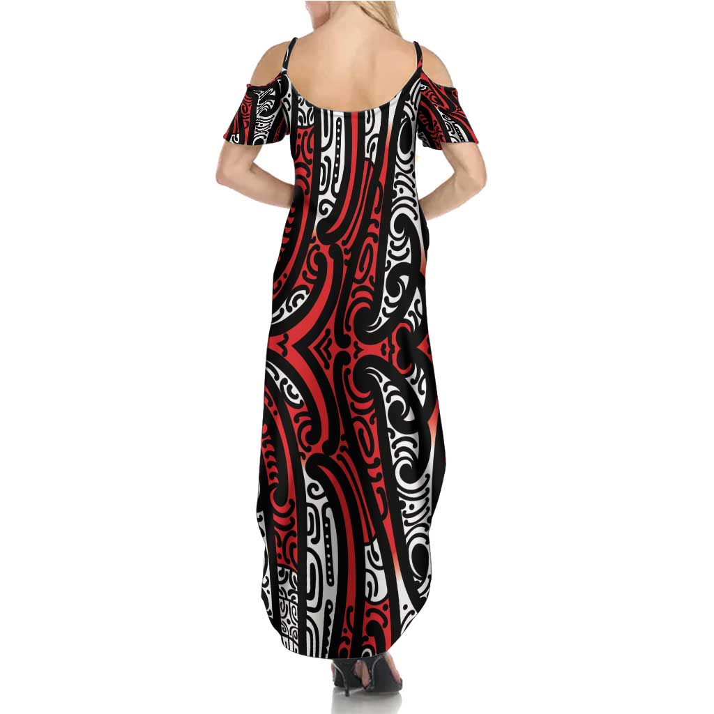 New Zealand Maori Taniko Summer Maxi Dress Red Kowhaiwhai Puhoro