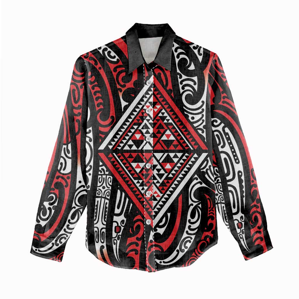 New Zealand Maori Taniko Women Casual Shirt Red Kowhaiwhai Puhoro