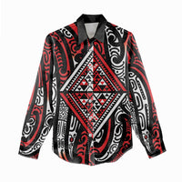 New Zealand Maori Taniko Women Casual Shirt Red Kowhaiwhai Puhoro