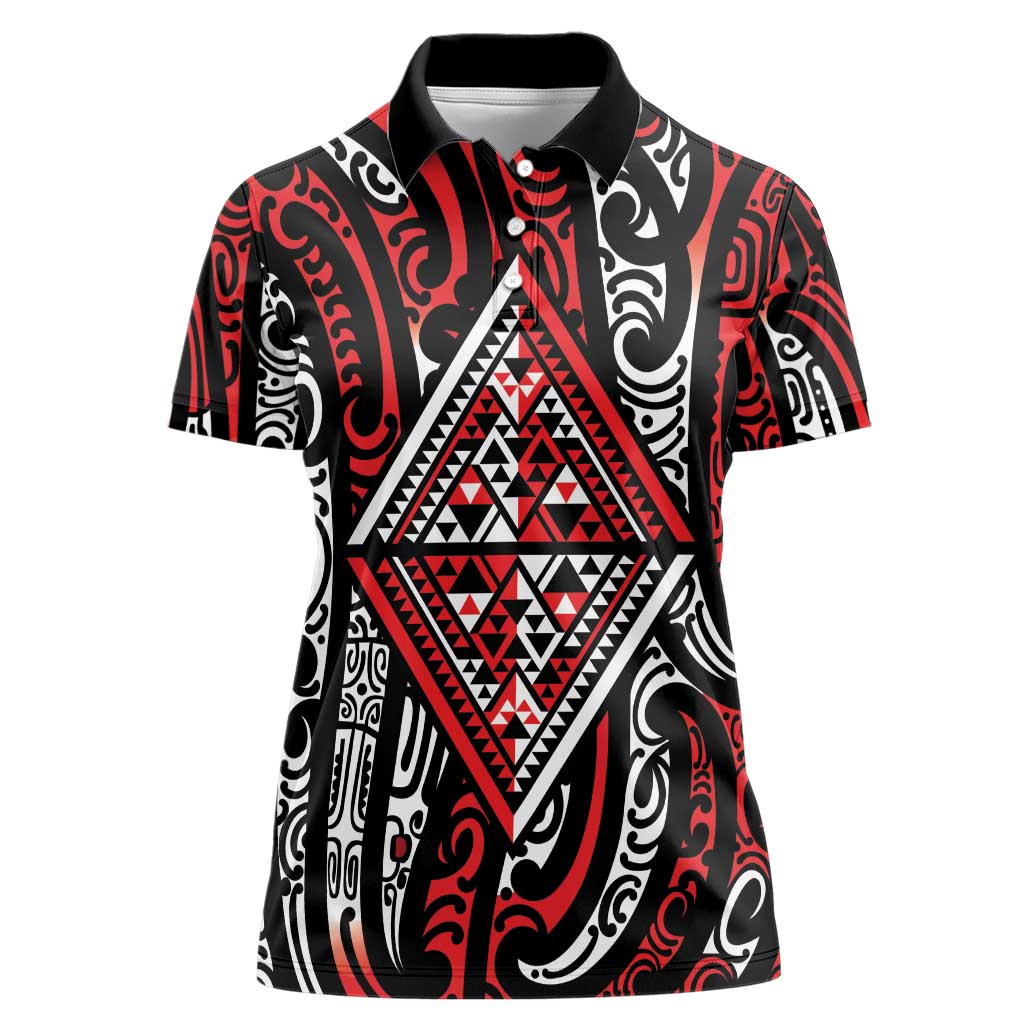 New Zealand Maori Taniko Women Polo Shirt Red Kowhaiwhai Puhoro