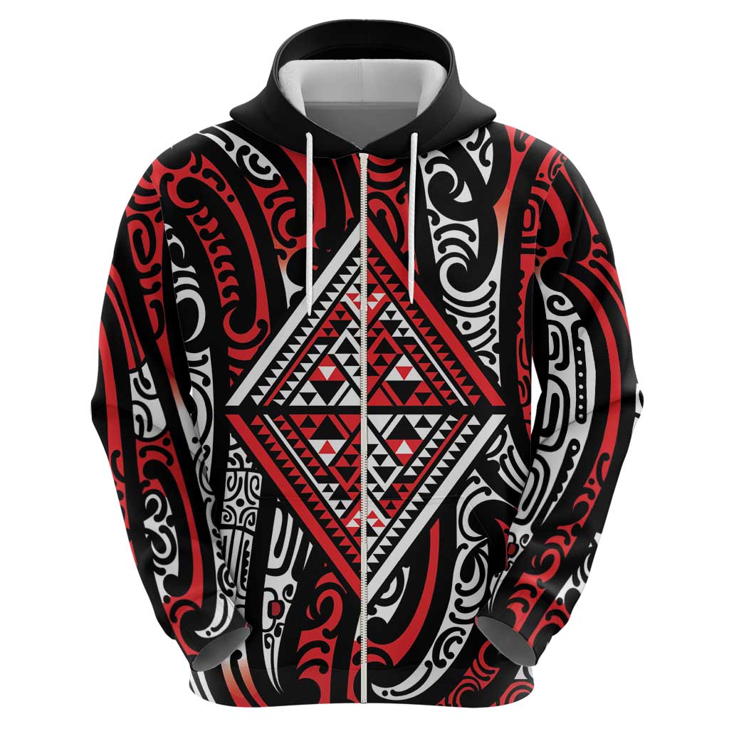 New Zealand Maori Taniko Zip Hoodie Red Kowhaiwhai Puhoro LT9 - Polynesian Pride