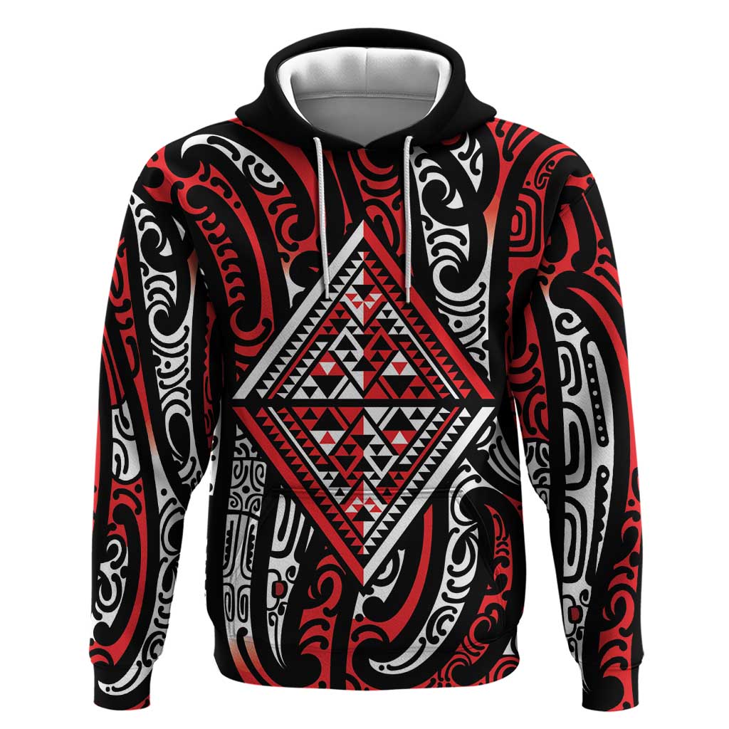 New Zealand Maori Taniko Zip Hoodie Red Kowhaiwhai Puhoro LT9 Pullover Hoodie Red - Polynesian Pride