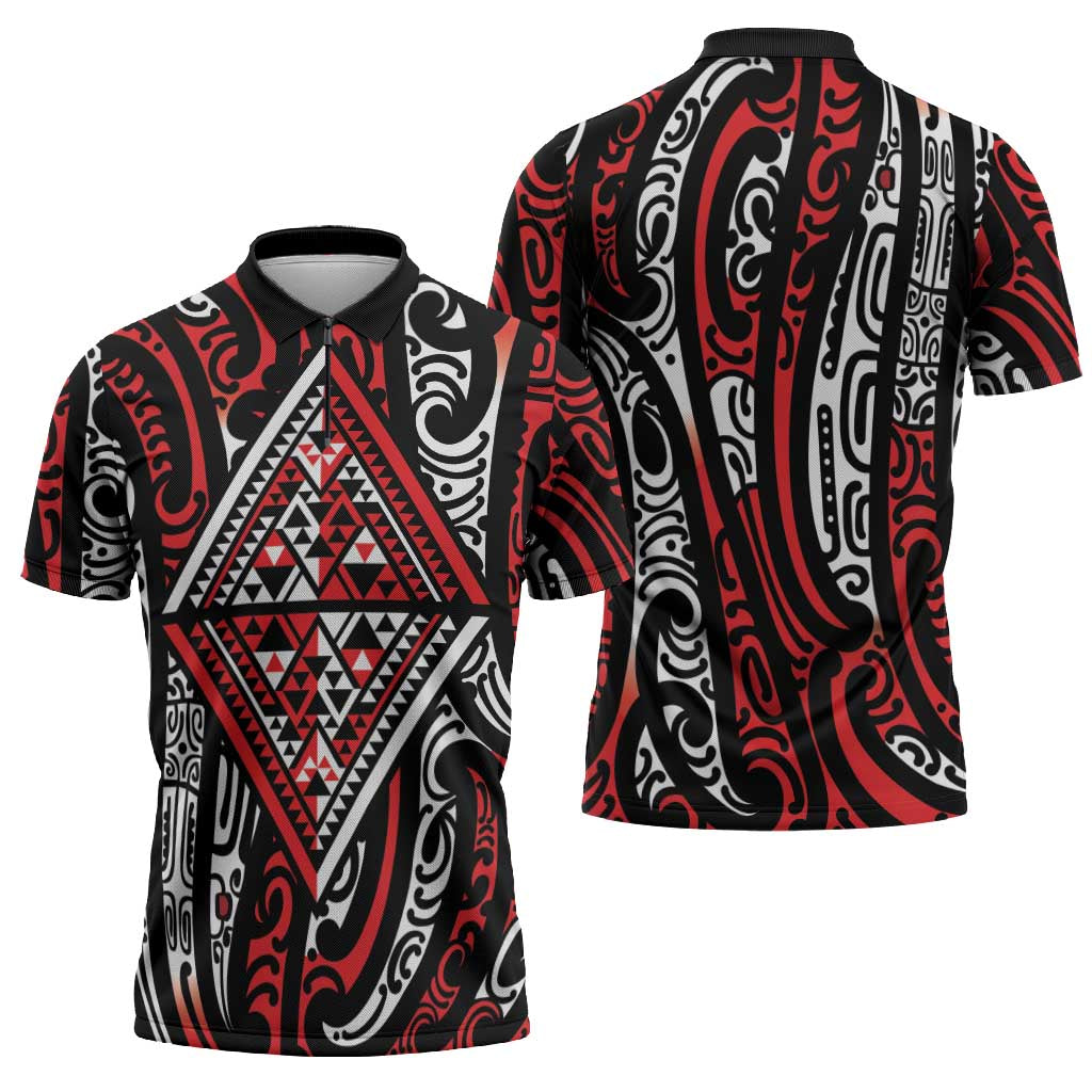 New Zealand Maori Taniko Zipper Polo Shirt Red Kowhaiwhai Puhoro - Polynesian Pride