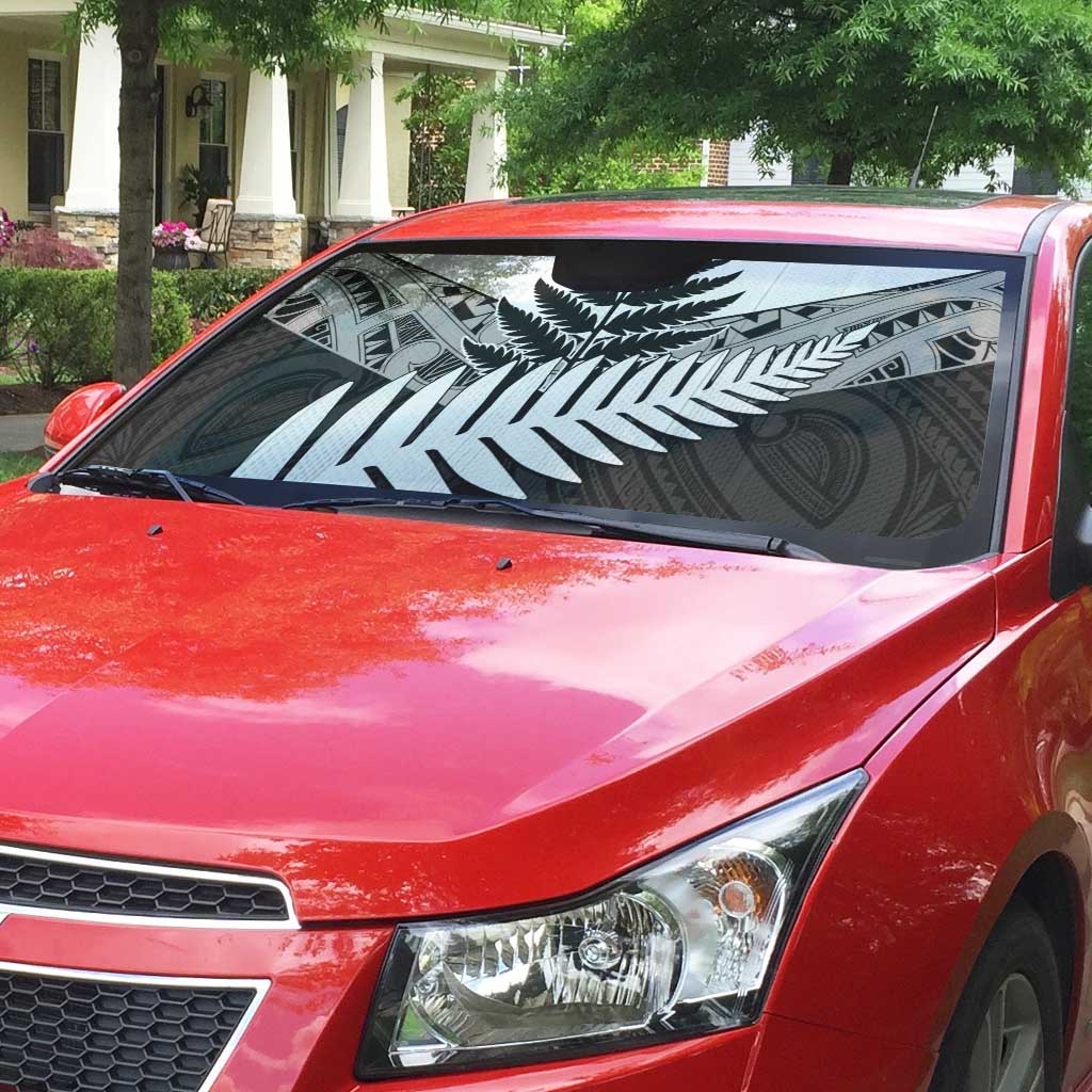 New Zealand Silver Fern Auto Sun Shade Maori Koru Mixed Taniko Pattern - Polynesian Pride