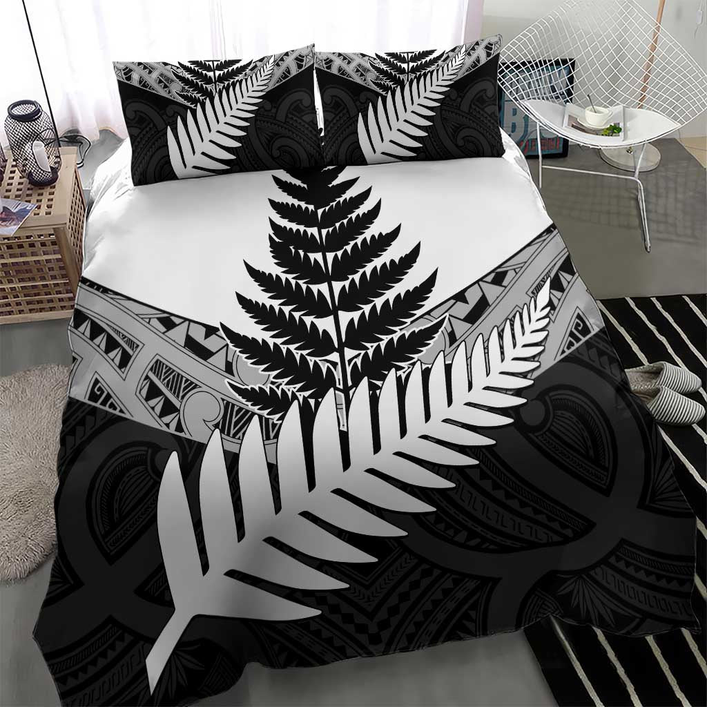 New Zealand Silver Fern Bedding Set Maori Koru Mixed Taniko Pattern