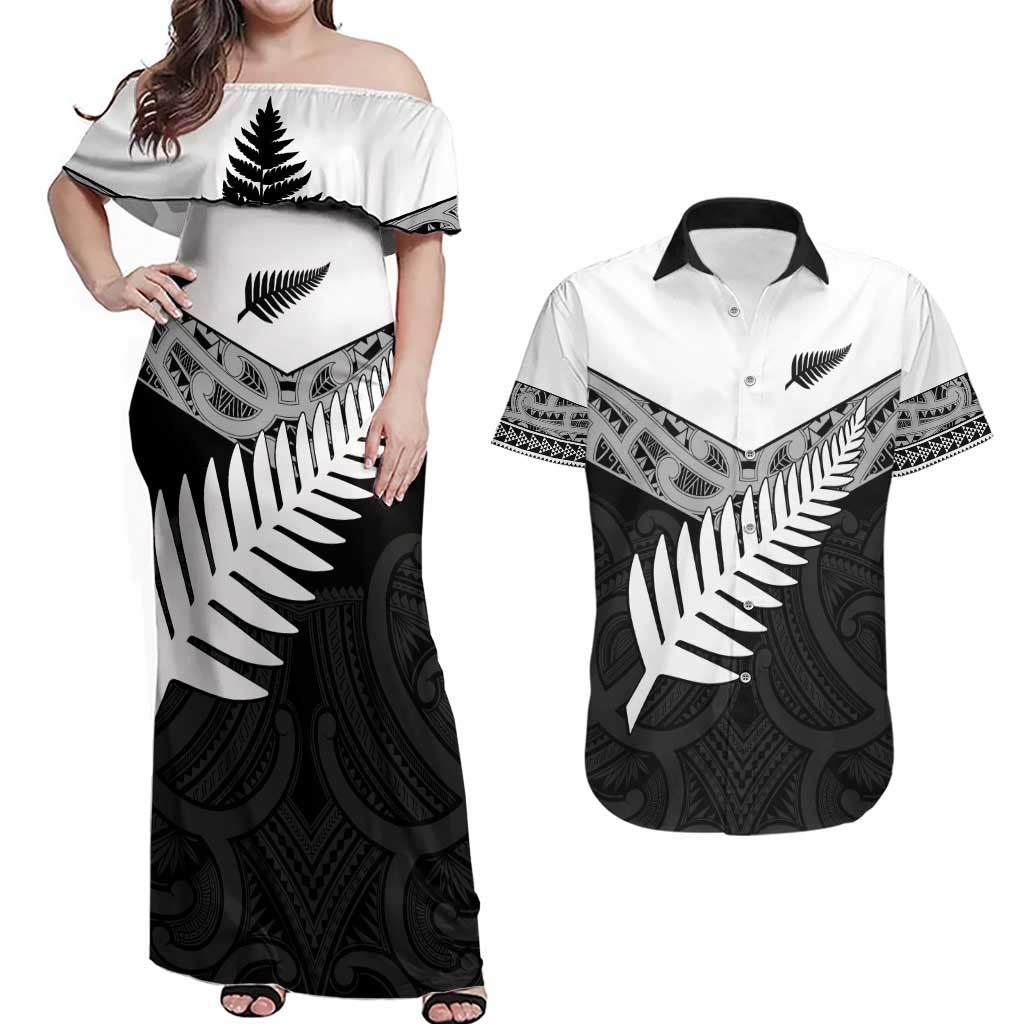 New Zealand Silver Fern Couples Matching Off Shoulder Maxi Dress and Hawaiian Shirt Maori Koru Mixed Taniko Pattern