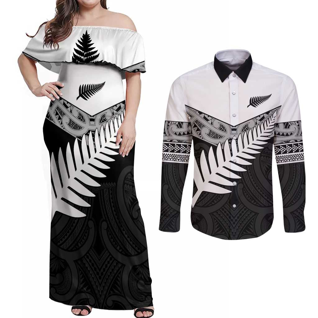 New Zealand Silver Fern Couples Matching Off Shoulder Maxi Dress and Long Sleeve Button Shirt Maori Koru Mixed Taniko Pattern