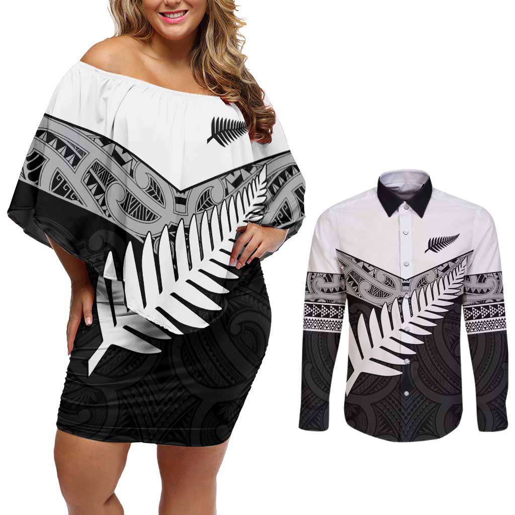 New Zealand Silver Fern Couples Matching Off Shoulder Short Dress and Long Sleeve Button Shirt Maori Koru Mixed Taniko Pattern