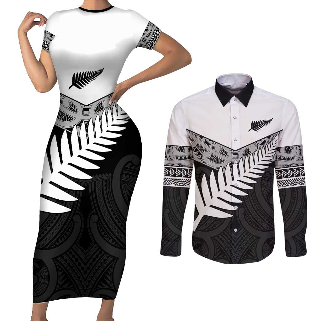 New Zealand Silver Fern Couples Matching Short Sleeve Bodycon Dress and Long Sleeve Button Shirt Maori Koru Mixed Taniko Pattern