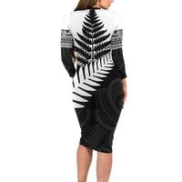 New Zealand Silver Fern Family Matching Long Sleeve Bodycon Dress and Hawaiian Shirt Maori Koru Mixed Taniko Pattern