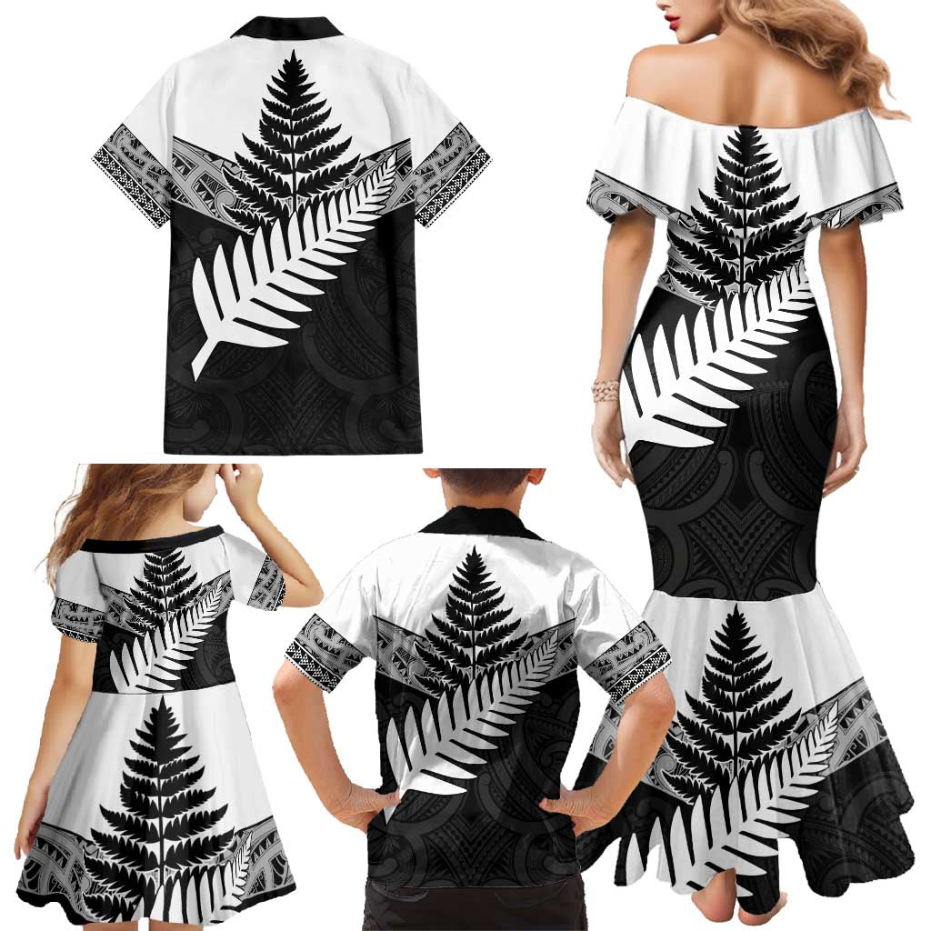 New Zealand Silver Fern Family Matching Mermaid Dress and Hawaiian Shirt Maori Koru Mixed Taniko Pattern