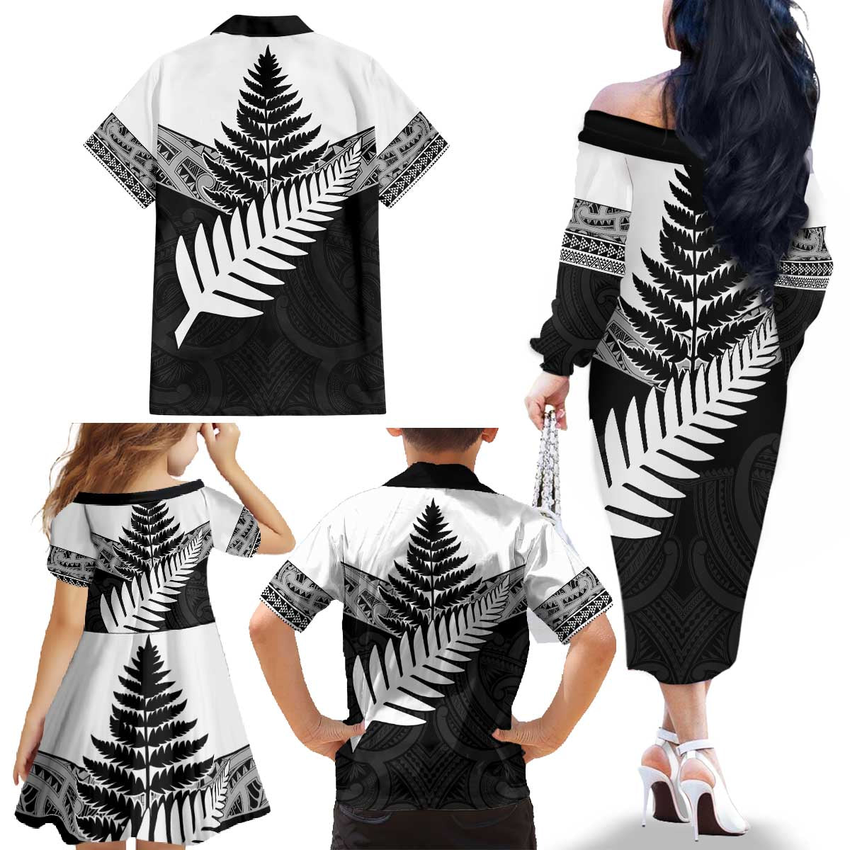New Zealand Silver Fern Family Matching Off The Shoulder Long Sleeve Dress and Hawaiian Shirt Maori Koru Mixed Taniko Pattern
