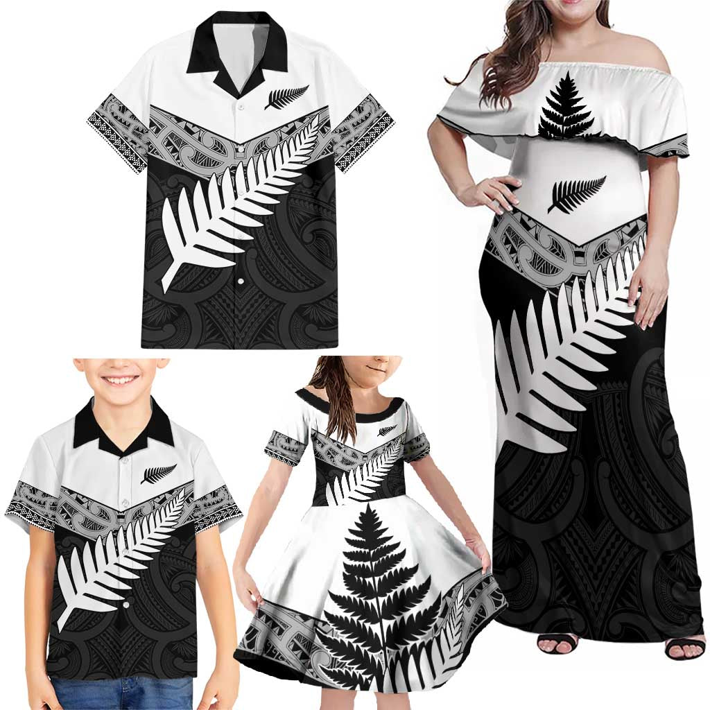New Zealand Silver Fern Family Matching Off Shoulder Maxi Dress and Hawaiian Shirt Maori Koru Mixed Taniko Pattern