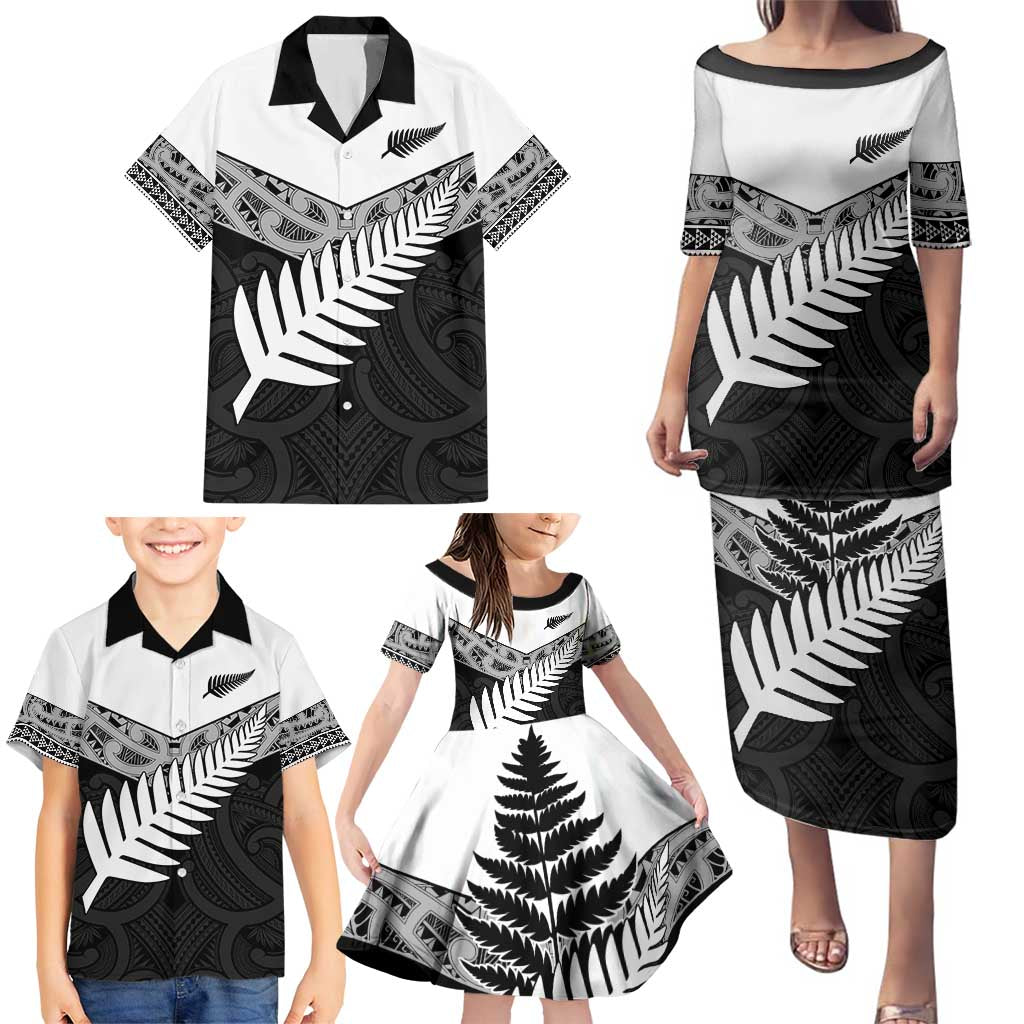 New Zealand Silver Fern Family Matching Puletasi and Hawaiian Shirt Maori Koru Mixed Taniko Pattern