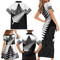 New Zealand Silver Fern Family Matching Short Sleeve Bodycon Dress and Hawaiian Shirt Maori Koru Mixed Taniko Pattern
