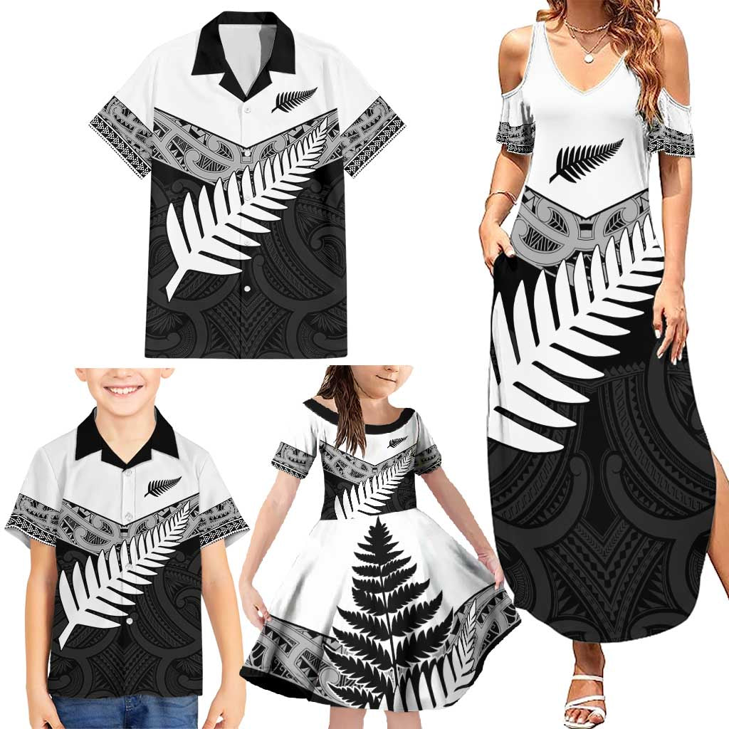 New Zealand Silver Fern Family Matching Summer Maxi Dress and Hawaiian Shirt Maori Koru Mixed Taniko Pattern