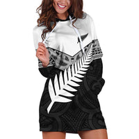 New Zealand Silver Fern Hoodie Dress Maori Koru Mixed Taniko Pattern LT9 White - Polynesian Pride