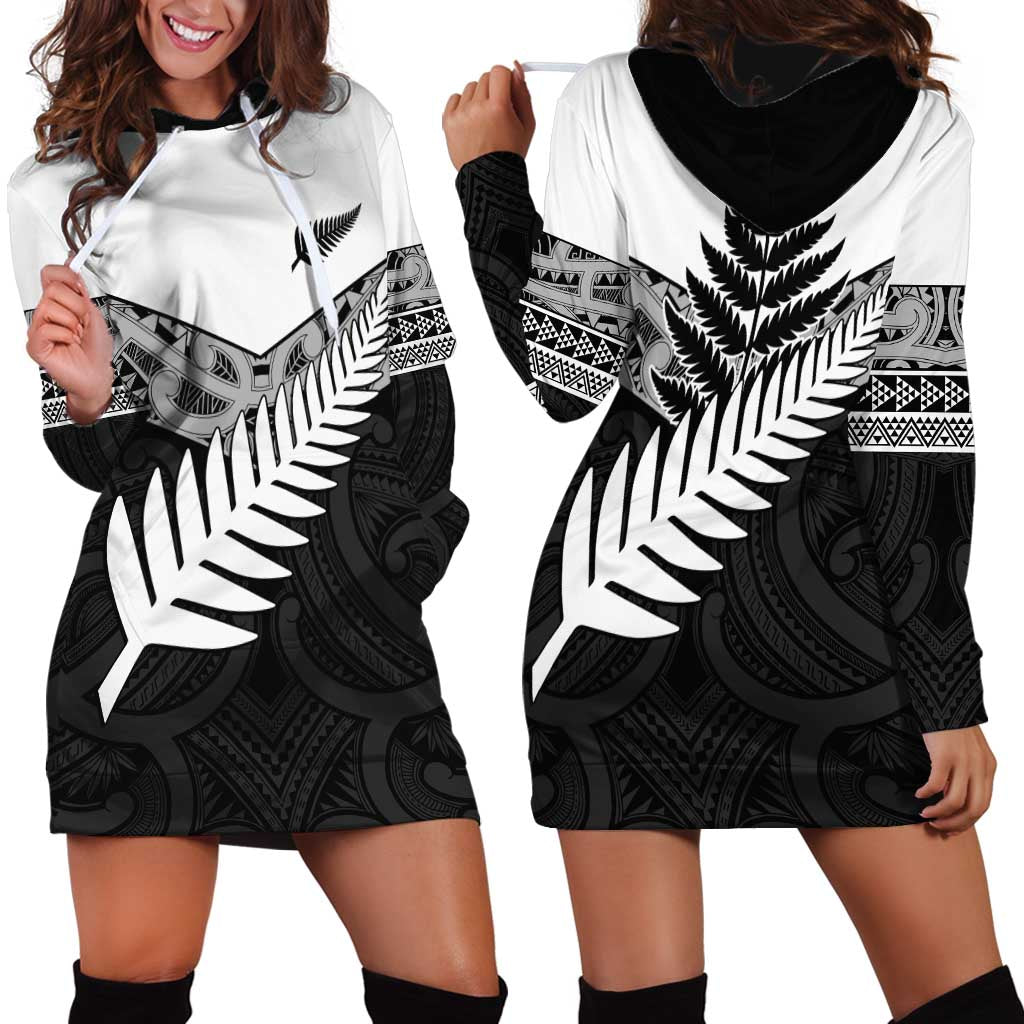 New Zealand Silver Fern Hoodie Dress Maori Koru Mixed Taniko Pattern LT9 - Polynesian Pride