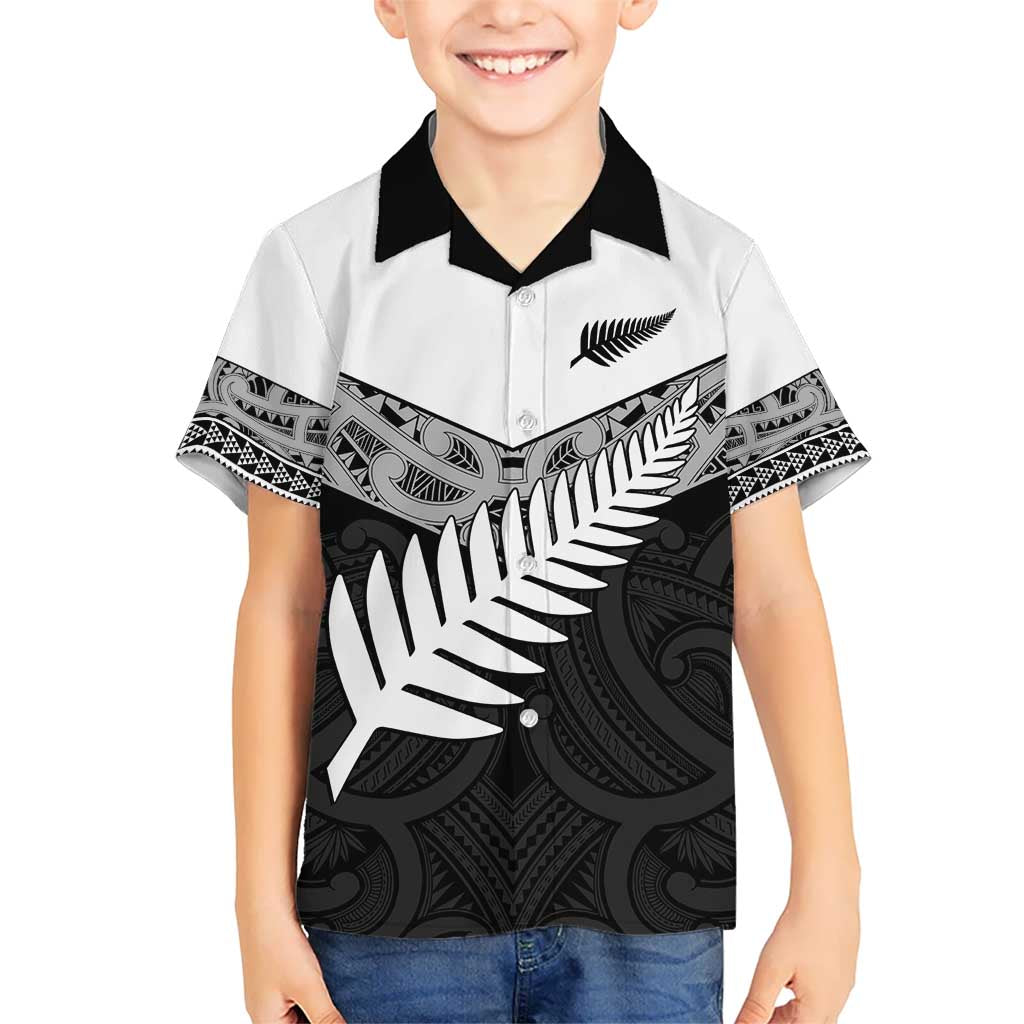 New Zealand Silver Fern Kid Hawaiian Shirt Maori Koru Mixed Taniko Pattern