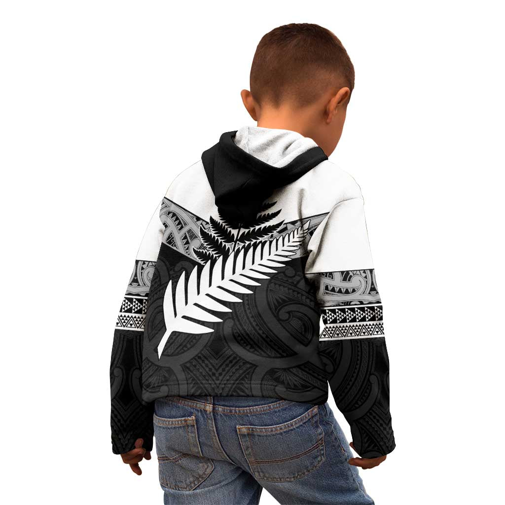 New Zealand Silver Fern Kid Hoodie Maori Koru Mixed Taniko Pattern
