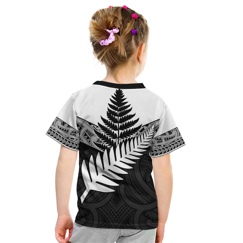 New Zealand Silver Fern Kid T Shirt Maori Koru Mixed Taniko Pattern