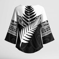 New Zealand Silver Fern Kimono Sleeve Blouse Maori Koru Mixed Taniko Pattern - Polynesian Pride