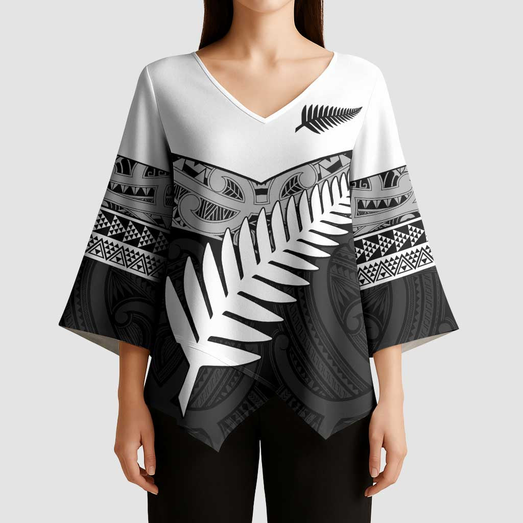 New Zealand Silver Fern Kimono Sleeve Blouse Maori Koru Mixed Taniko Pattern - Polynesian Pride
