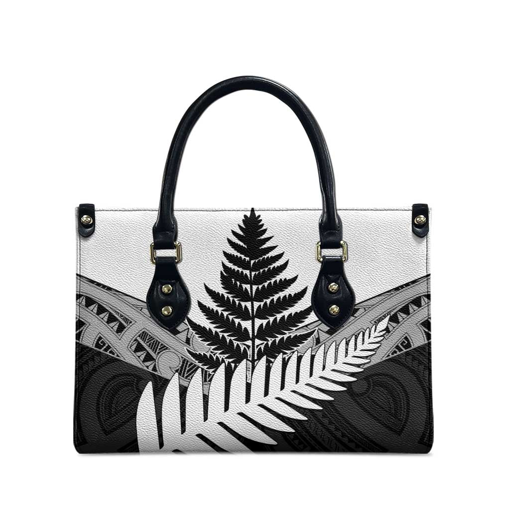 New Zealand Silver Fern Leather Bag Maori Koru Mixed Taniko Pattern - Polynesian Pride