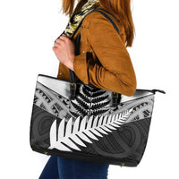 New Zealand Silver Fern Leather Tote Bag Maori Koru Mixed Taniko Pattern
