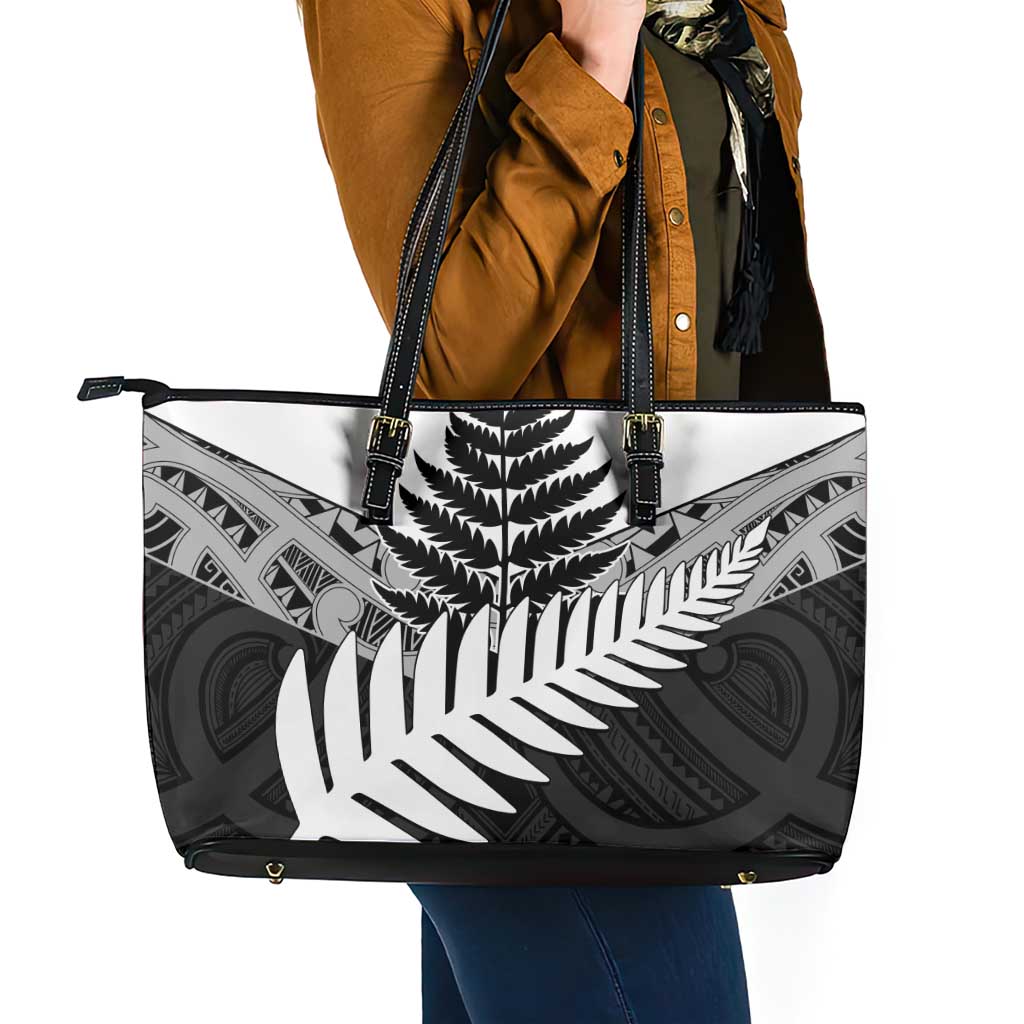 New Zealand Silver Fern Leather Tote Bag Maori Koru Mixed Taniko Pattern