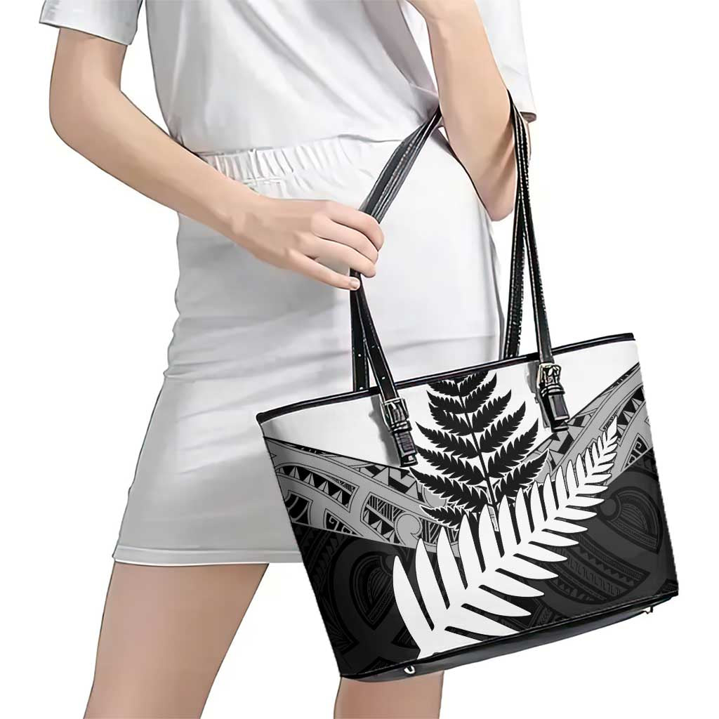 New Zealand Silver Fern Leather Tote Bag Maori Koru Mixed Taniko Pattern