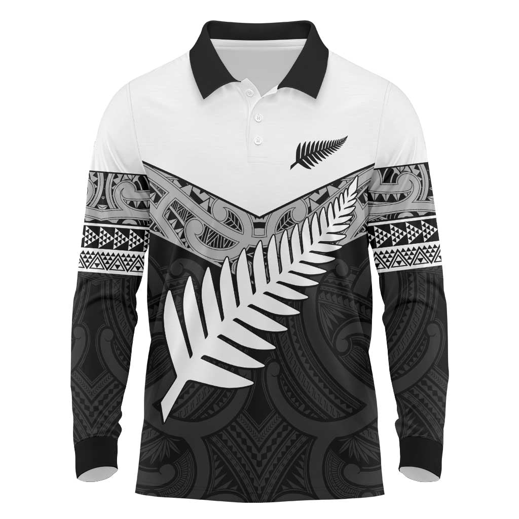 New Zealand Silver Fern Long Sleeve Polo Shirt Maori Koru Mixed Taniko Pattern