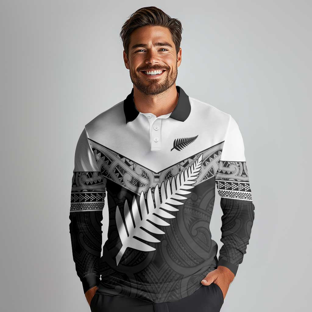 New Zealand Silver Fern Long Sleeve Polo Shirt Maori Koru Mixed Taniko Pattern