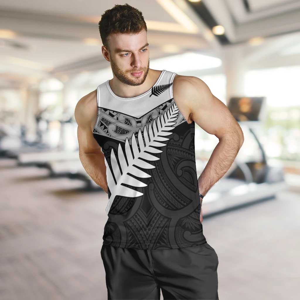 New Zealand Silver Fern Men Tank Top Maori Koru Mixed Taniko Pattern