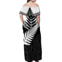 New Zealand Silver Fern Off Shoulder Maxi Dress Maori Koru Mixed Taniko Pattern
