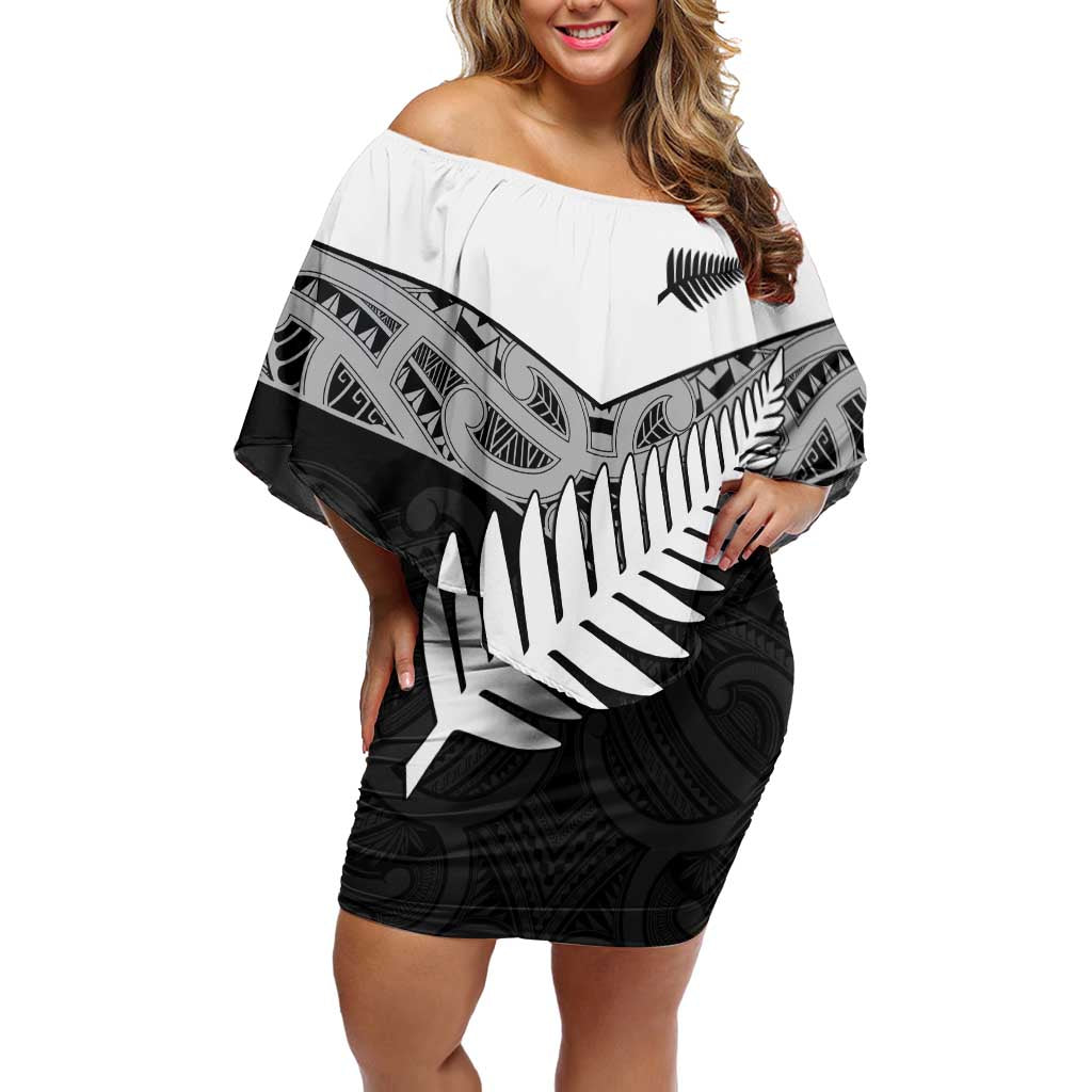 New Zealand Silver Fern Off Shoulder Short Dress Maori Koru Mixed Taniko Pattern