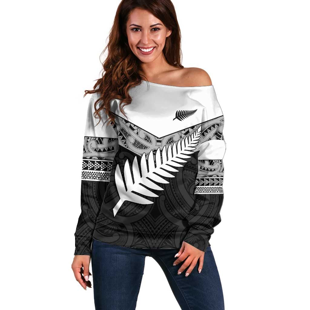 New Zealand Silver Fern Off Shoulder Sweater Maori Koru Mixed Taniko Pattern