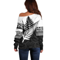 New Zealand Silver Fern Off Shoulder Sweater Maori Koru Mixed Taniko Pattern
